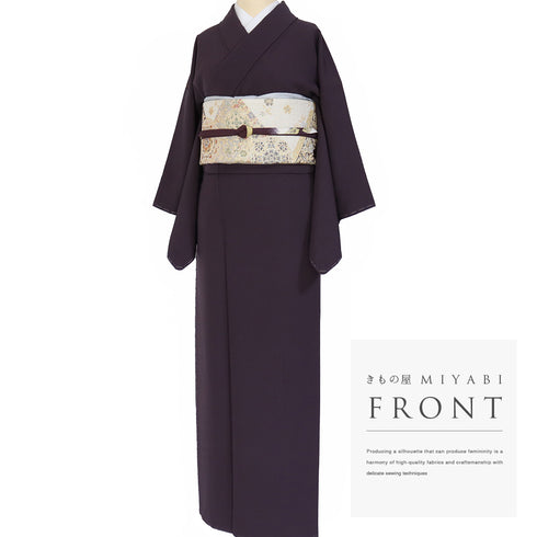 色無地 リサイクル 身丈155cm 裄62cm 袷 パープル Sサイズ セミフォーマル お洒落 落款 一つ紋 しつけ糸 正絹 広衿 地紋なし Sランク