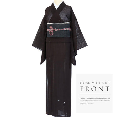 紬 リサイクル 夏着物 身丈161cm 裄66.8cm 夏物 夏物 刺繍 パールトーン加工済 縞模様 トンボ柄 ブラウン Lサイズ カジュアル お洒落 正絹 広衿 Sランク