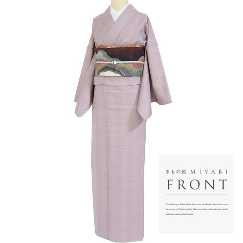 紬 リサイクル 身丈167.3cm 裄68.4cm 袷 デザイン格子柄 ピンク LLサイズ お洒落 カジュアル しつけ糸 正絹 広衿 Sランク