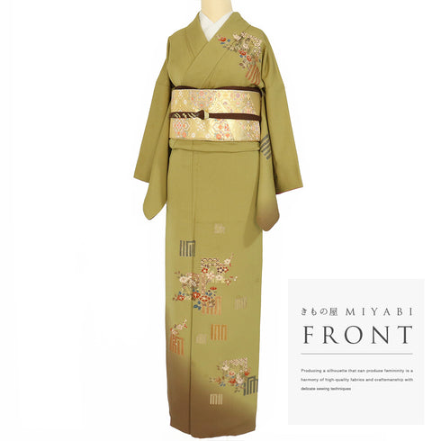 付下げ リサイクル 身丈158cm 裄65.6cm 袷 源氏香に花枝柄 箔 地紋 グリーン Mサイズ セミフォーマル お洒落 一つ紋 正絹 広衿 Aランク