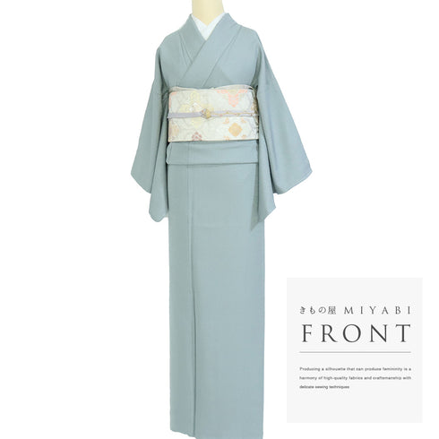 色無地 リサイクル 身丈156.4cm 裄62.7cm 袷 作家物 瑞寶 グリーン Mサイズ セミフォーマル 落款 一つ紋 しつけ糸 正絹 広衿 地紋あり Sランク