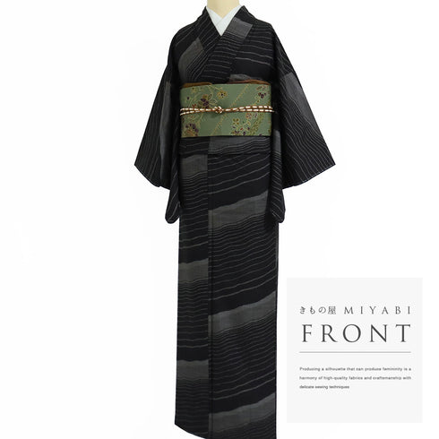 大島紬 リサイクル 身丈162.3cm 裄49.5cm 袷 デザイン縞模様 ブラウン Lサイズ お洒落 カジュアル 証紙 しつけ糸 正絹 広衿 Sランク