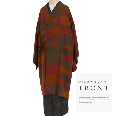 道中着 リサイクル 身丈103cm 裄64.4cm 袷 ロング丈 抽象柄 バチ衿 ブラウン Sサイズ カジュアル 正絹 Sランク