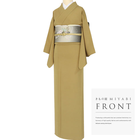 色無地 リサイクル 身丈154.4cm 裄62.2cm 袷 イエロー Sサイズ セミフォーマル お洒落 落款 一つ紋 正絹 広衿 地紋なし Sランク