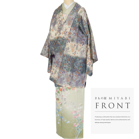 道中着 リサイクル 身丈88.7cm 裄65.2cm 袷 能衣装 籠目に草花柄 多色 Mサイズ お洒落 正絹 Sランク