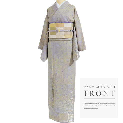 訪問着 リサイクル 身丈155.5cm 裄64.6cm 袷 金銀通し模様 地紋 イエロー Mサイズ お洒落 しつけ糸 正絹 広衿 Sランク