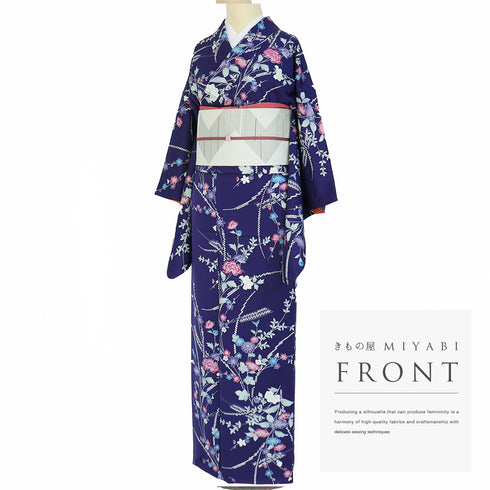 小紋 リサイクル 身丈154cm 裄62.8cm 袷 花柄 扇子柄 パープル Sサイズ お洒落 カジュアル 正絹 広衿 Sランク