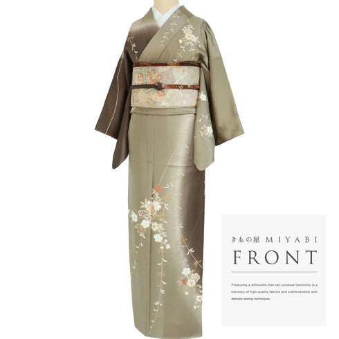 訪問着 リサイクル 身丈156.5cm 裄62.8cm 袷 枝垂れ花柄 十二代目 市川団十郎 刺繍 箔 ブラウン Mサイズ セミフォーマル 落款 一つ紋 しつけ糸 正絹 広衿 Sランク