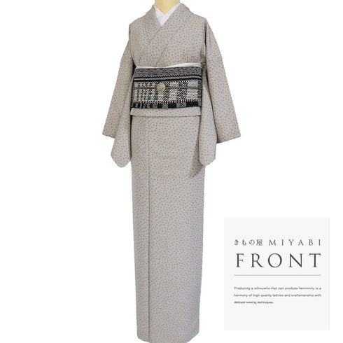 小紋 リサイクル 身丈159cm 裄65.2cm 袷 葉っぱ模様 グレー Mサイズ お洒落 カジュアル 正絹 広衿 Sランク