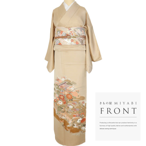 色留袖 リサイクル 身丈164cm 裄66.4cm 袷 鴛鴦に菊や松柄 比翼無し ベージュ Lサイズ 一つ紋 正絹 広衿 Sランク