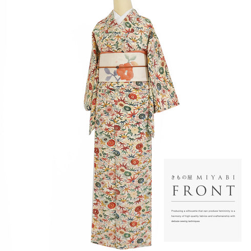 小紋 リサイクル 身丈155.5cm 裄64cm 袷 花柄 菊柄 アイボリー Mサイズ お洒落 正絹 広衿 Sランク