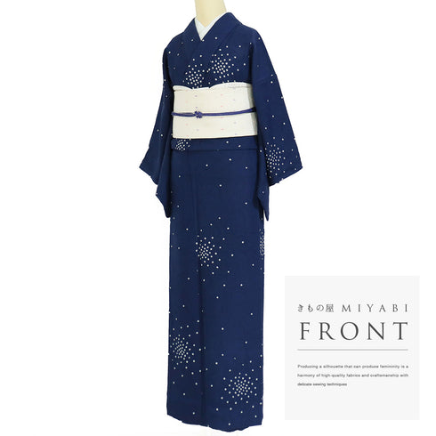 小紋 リサイクル 身丈161.7cm 裄63cm 袷 鹿の子絞り 地紋 衿先布付き ブルー Lサイズ お洒落 カジュアル 正絹 バチ衿 Aランク