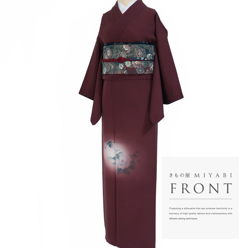 付下げ リサイクル 身丈158cm 裄64.4cm 袷 椿柄 お洒落紋 レッド Mサイズ お洒落 一つ紋 正絹 広衿 Sランク