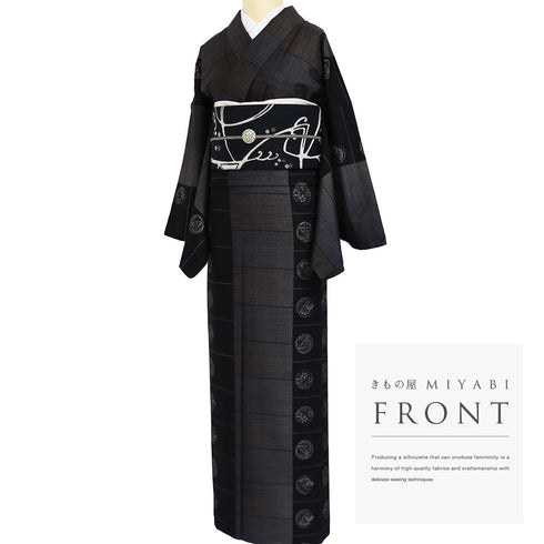 紬 リサイクル 身丈170.8cm 裄70.6cm 袷 丸に松竹梅柄 ブラック LLサイズ お洒落 カジュアル 正絹 広衿 Sランク