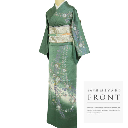 訪問着 リサイクル 身丈166.3cm 裄66cm 袷 ミシン仕立て 後絞り加工 辻が花模様 胴裏化繊 グリーン LLサイズ お洒落 正絹 広衿 Aランク