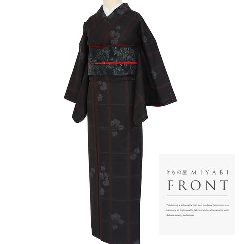 小紋 リサイクル 身丈162.5cm 裄66.6cm 袷 格子に蔦柄 地紋 ブラック Lサイズ お洒落 カジュアル ポリエステル 洗える着物 広衿 新品・未使用品