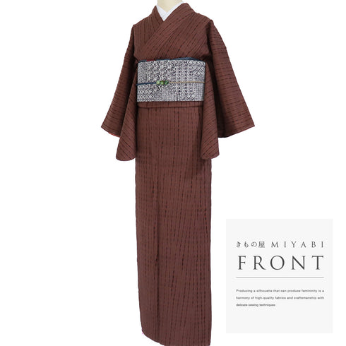 紬 リサイクル 身丈163.8cm 裄64cm 袷 竜巻絞り 刺繍 ブラウン Lサイズ お洒落 カジュアル しつけ糸 正絹 バチ衿 Sランク