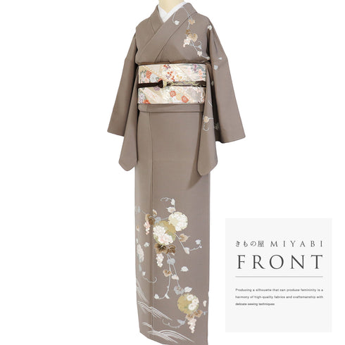 訪問着 リサイクル 身丈160.5cm 裄64.4cm 袷 雪輪 葡萄柄 箔加工 ブラウン Lサイズ セミフォーマル お洒落 正絹 広衿 Sランク