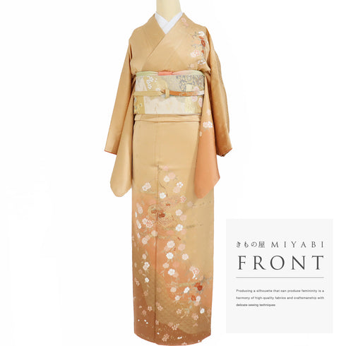 訪問着 リサイクル 身丈159.5cm 裄67cm 袷 文箱や枝垂れ花柄 地紋 金駒刺繍 ゆったりサイズ オレンジ Mサイズ セミフォーマル 正絹 広衿 Sランク