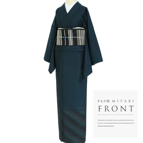 紬 リサイクル 身丈164.8cm 裄70.4cm 袷 裾柄 ネイビー Lサイズ お洒落 正絹 広衿 Aランク