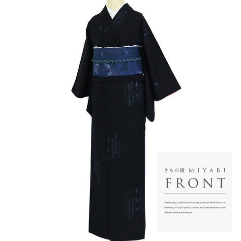 紬 リサイクル 身丈156cm 裄62.4cm 袷 絣柄 ネイビー Mサイズ お洒落 カジュアル 正絹 広衿 Sランク