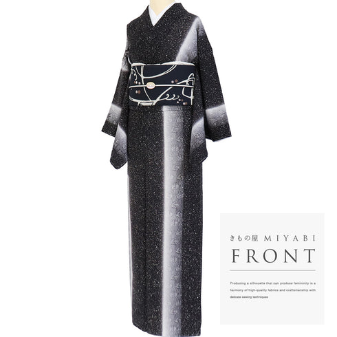 小紋 リサイクル 身丈154.5cm 裄65.2cm 袷 付下げ小紋 のり散らしに帆船柄 鳥模様 ブラック Sサイズ お洒落 しつけ糸 正絹 広衿 未使用品