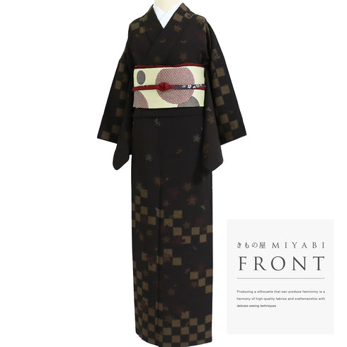 付下げ リサイクル 身丈162cm 裄64.8cm 袷 市松に桜柄 ブラウン Lサイズ お洒落 ポリエステル 広衿 Sランク