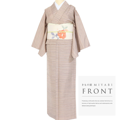 紬 リサイクル 身丈153cm 裄63cm 単衣 横縞柄 ベージュ Sサイズ カジュアル 正絹 広衿 Sランク