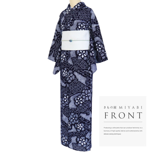 浴衣 リサイクル 夏着物 身丈150cm 裄60.5cm 夏物 絞り 扇子や花柄 ネイビー SSサイズ カジュアル 木綿 洗える着物 バチ衿 Sランク
