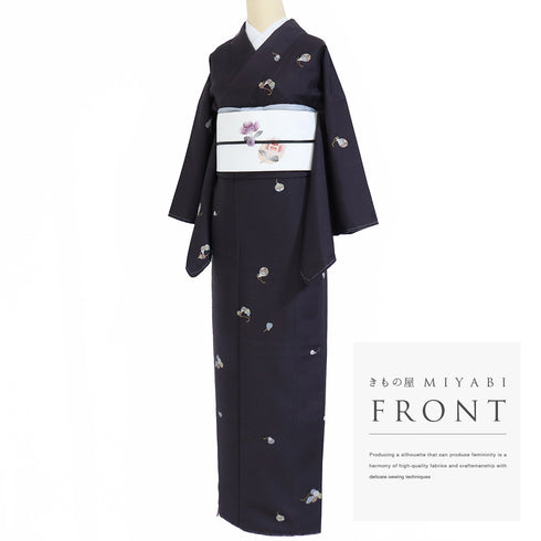 紬 リサイクル 身丈154.8cm 裄65cm 袷 鈴柄 パープル Sサイズ お洒落 カジュアル しつけ糸 正絹 広衿 Aランク