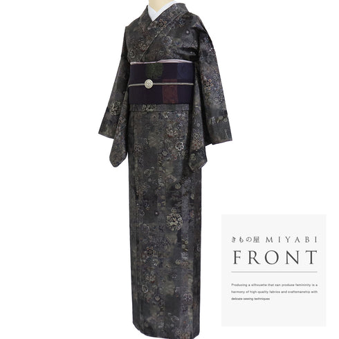 大島紬 リサイクル 身丈163.7cm 裄66.4cm 袷 花、鳥、兎柄 恵績五郎 ゆったりサイズ ブラック Lサイズ お洒落 カジュアル 証紙 しつけ糸 正絹 広衿 未使用品