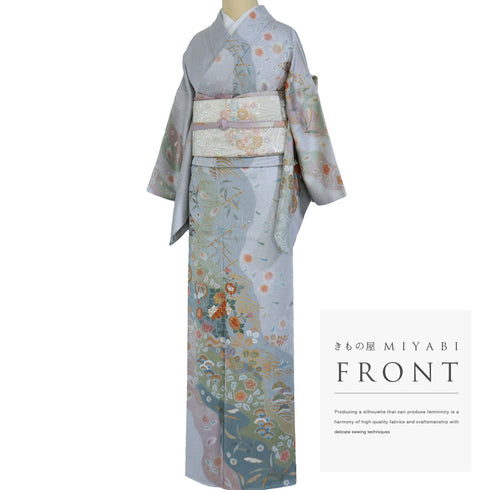 訪問着 リサイクル 身丈157.5cm 裄64.8cm 袷 道長取り 花柄 箔加工 ブルー Mサイズ セミフォーマル 正絹 広衿 Sランク