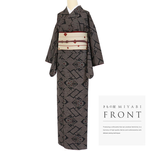 紬 リサイクル 身丈163cm 裄65.4cm 袷 菱に花柄 ブラウン Lサイズ カジュアル お洒落 正絹 広衿 Sランク