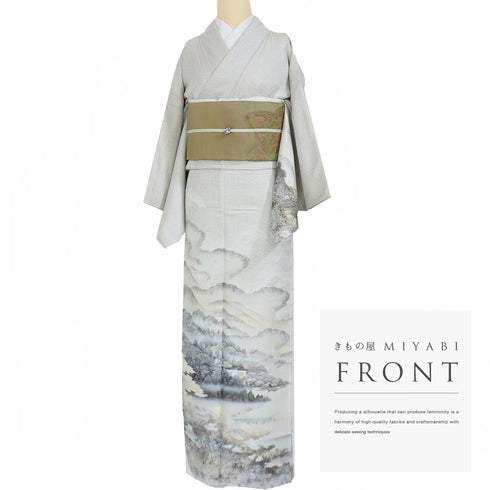 付下げ リサイクル 身丈166.4cm 裄65.6cm 袷 紬 お召 御堂のある風景柄 箔 グレー LLサイズ お洒落 正絹 広衿 Sランク