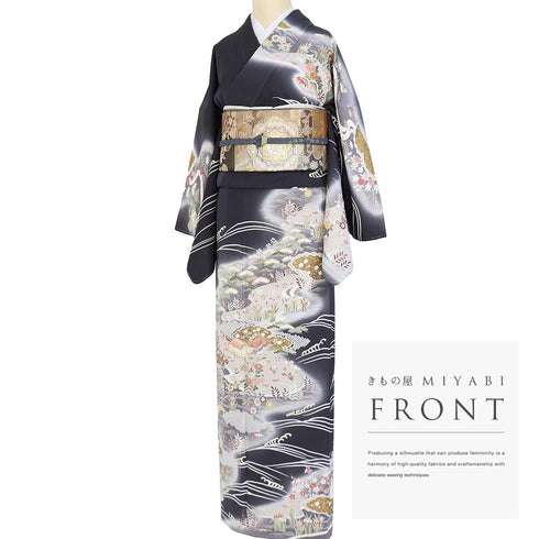 訪問着 リサイクル 身丈165cm 裄68cm 袷 花や松柄 金駒刺繍 箔 グレー Lサイズ セミフォーマル フォーマル しつけ糸 正絹 広衿 Sランク