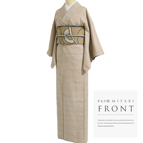 紬 リサイクル 身丈153.5cm 裄62.6cm 袷 ボーダー柄 仕立て直し品 ベージュ Sサイズ カジュアル お洒落 正絹 広衿 Aランク