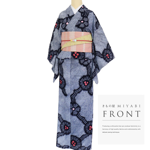 浴衣 リサイクル 夏着物 身丈149cm 裄61.5cm 夏物 絞り 花柄 ジュニアサイズ ネイビー SSサイズ カジュアル お洒落 木綿 洗える着物 バチ衿 Aランク