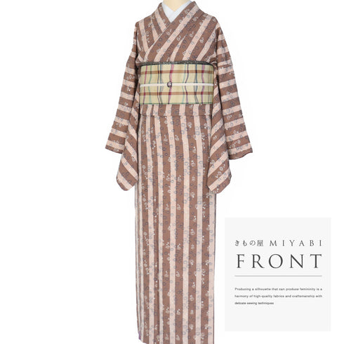 小紋 リサイクル 身丈151.8cm 裄67.8cm 袷 縦縞に花柄 地紋 パールトーン加工 ブラウン Sサイズ お洒落 カジュアル 正絹 広衿 Sランク