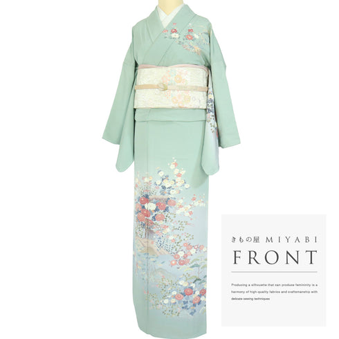 訪問着 リサイクル 身丈155.2cm 裄65.2cm 袷 松竹梅柄 グリーン Sサイズ セミフォーマル お洒落 正絹 広衿 Sランク