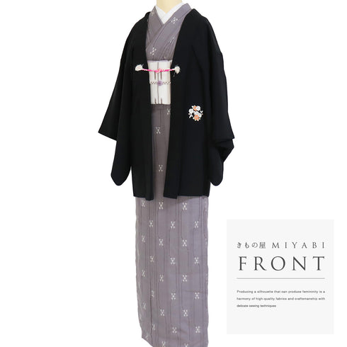 黒羽織 リサイクル 身丈77.5cm 裄64.4cm 袷 和本や花丸柄 刺繍 黒絵羽 ブラック Sサイズ フォーマル 正絹 Sランク