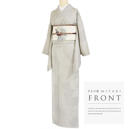 小紋 リサイクル 身丈169cm 裄66.6cm 袷 裂取り柄 お召し 地紋 ベージュ LLサイズ お洒落 正絹 広衿 Sランク