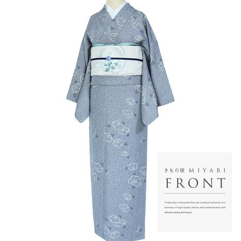 小紋 リサイクル 身丈155cm 裄65.1cm 袷 椿柄 グレー Sサイズ お洒落 カジュアル しつけ糸 正絹 広衿 Sランク