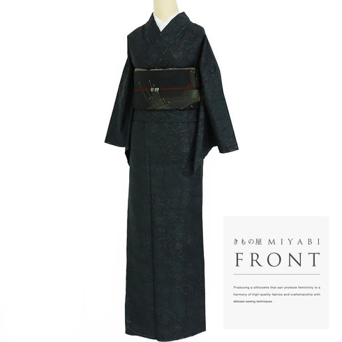 大島紬 リサイクル 身丈161.2cm 裄66.8cm 袷 草花柄 ネイビー Lサイズ お洒落 カジュアル 証紙 しつけ糸 正絹 広衿 Sランク