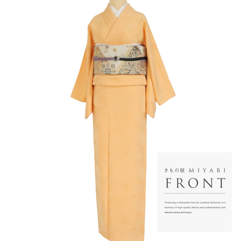 色無地 リサイクル 身丈161.2cm 裄64.8cm 袷 草花柄 オレンジ Lサイズ セミフォーマル お洒落 一つ紋 正絹 広衿 地紋あり Sランク