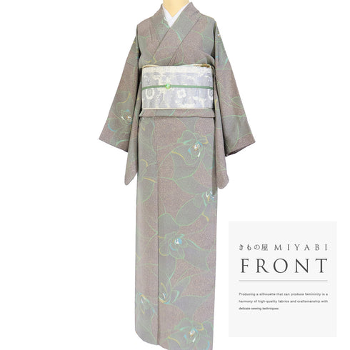 小紋 リサイクル 身丈156.2cm 裄65.6cm 袷 大輪の花模様 地紋 パープル Mサイズ お洒落 カジュアル 正絹 広衿 Sランク