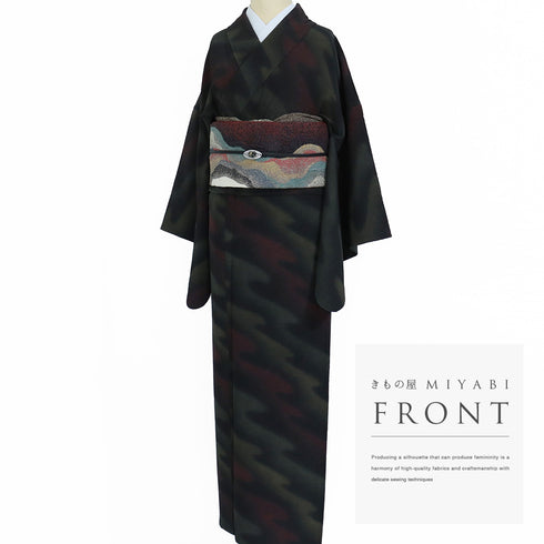 小紋 リサイクル 身丈159cm 裄65.5cm 単衣 流水ぼかし柄 グリーン Mサイズ お洒落 一つ紋 不明 広衿 Aランク