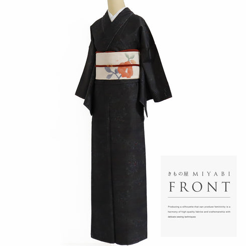 紬 リサイクル 身丈163.2cm 裄64.6cm 袷 花枝柄 ブラック Lサイズ お洒落 しつけ糸 正絹 広衿 Sランク