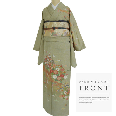 訪問着 リサイクル 身丈157cm 裄65.2cm 袷 松井清々 箔 松竹梅柄 グリーン Mサイズ セミフォーマル 落款 正絹 広衿 Sランク