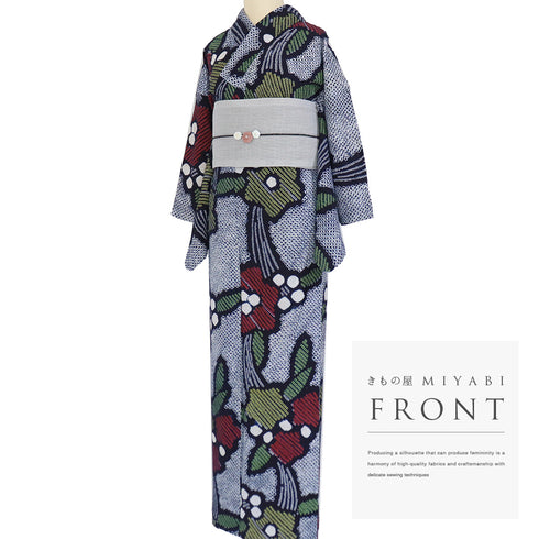 浴衣 リサイクル 夏着物 身丈154.8cm 裄64.8cm 夏物 絞り 花柄 ネイビー Sサイズ カジュアル お洒落 木綿 洗える着物 バチ衿 Aランク