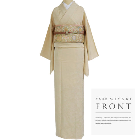 色無地 リサイクル 身丈164cm 裄65.6cm 袷 花柄 アイボリー Lサイズ セミフォーマル お洒落 一つ紋 正絹 広衿 地紋あり Sランク